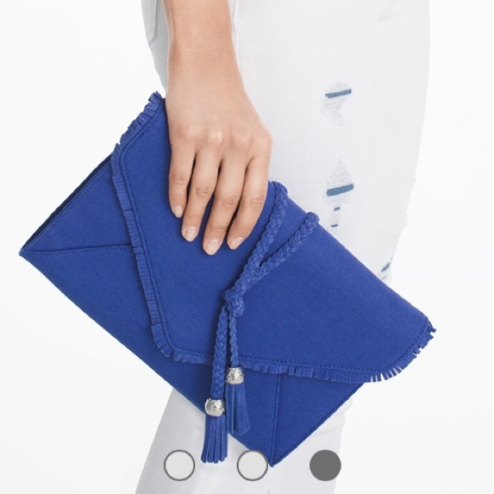 NWOT White House Black Market Blue Linen Tassel Clutch